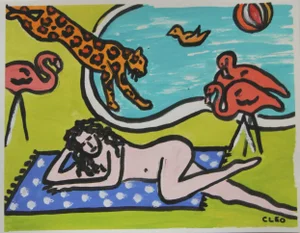 Nude at Pool Leopard Lawn Flamingos Impressionism Pop Art Original Painting by Cleo Plowden