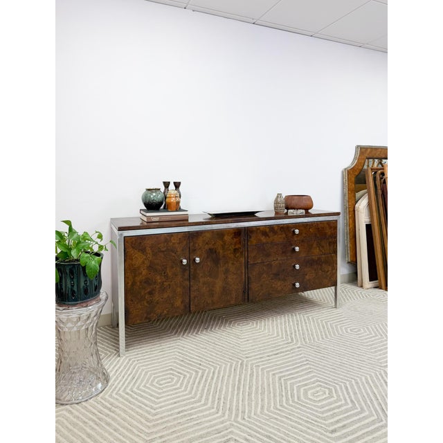 Mid 20th Century Tomlinson Burlwood Credenza Chrome Details Doors Drawers, Buffet, Console For Sale - Image 11 of 18