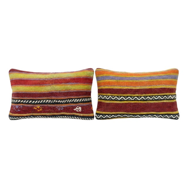 Anatolian Kilim Lumbar Pillow Cover 12'' X 20'' - Set of Two For Sale