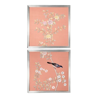 Silk Wallpaper Panel Diptych on Pink Silk, Bluebird & Blossoms Framed in Silver Gilt Moulding For Sale