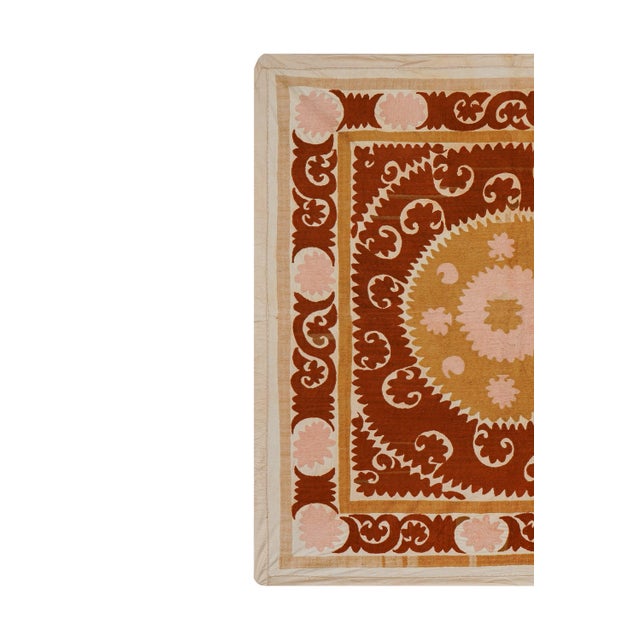 Mid-Century Modern Uzbek Suzani: Rust & Pink Embroidered Cotton Textile 4'3'' X 4'4'' For Sale - Image 3 of 12