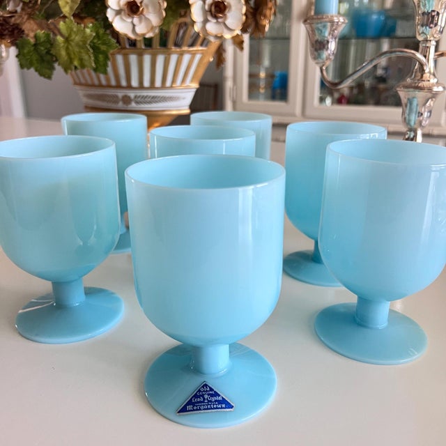 Mid-Century Modern 1930s Pretty set of 7 Morgantown Turquoise blue opaline water or wine glasses // Lead crystal // french blue glasses // original label For Sale - Image 3 of 8