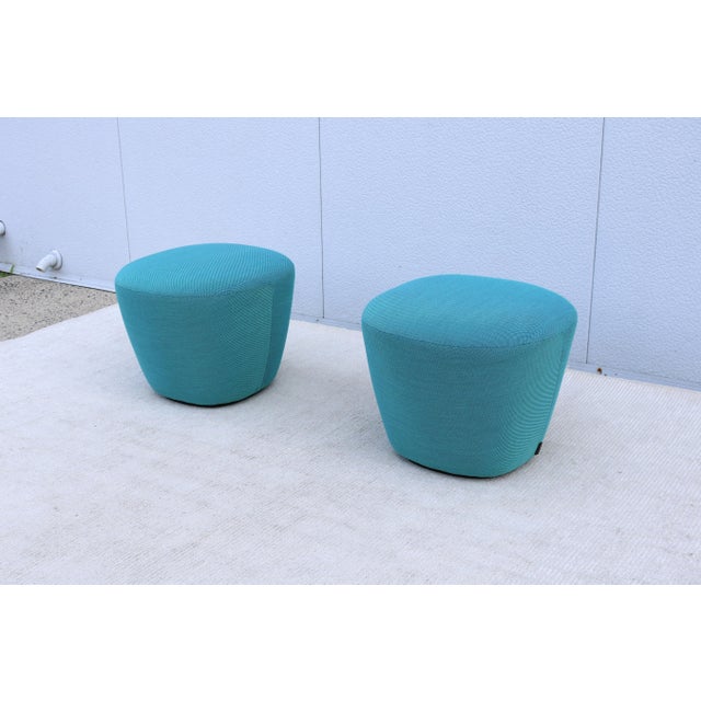Wood Organic Modern Andreu World Beat Ottoman in Blue Teal Fabric - A Pair For Sale - Image 7 of 18