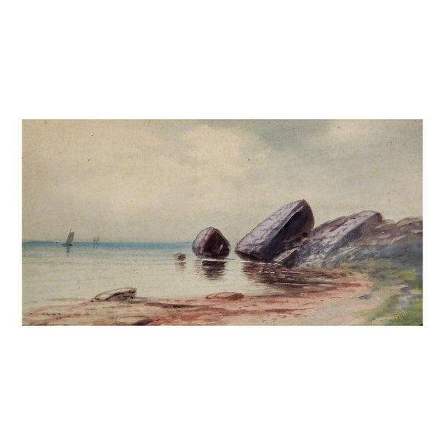 Early 20th Century Rocky Beach Scene Watercolor Painting For Sale