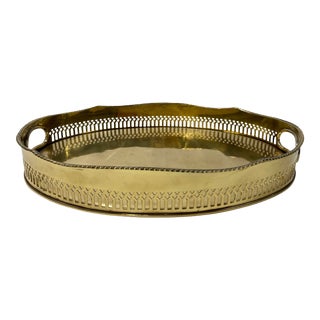 Vintage Oval Scalloped Rim Pierced Brass Tray For Sale