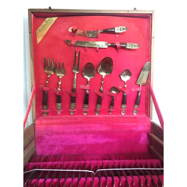 Campaign Mid 20th Century Mid-Century Modern Thai Siam Buddha Brass and Rosewood Flatware Set of 142 For Sale - Image 3 of 13