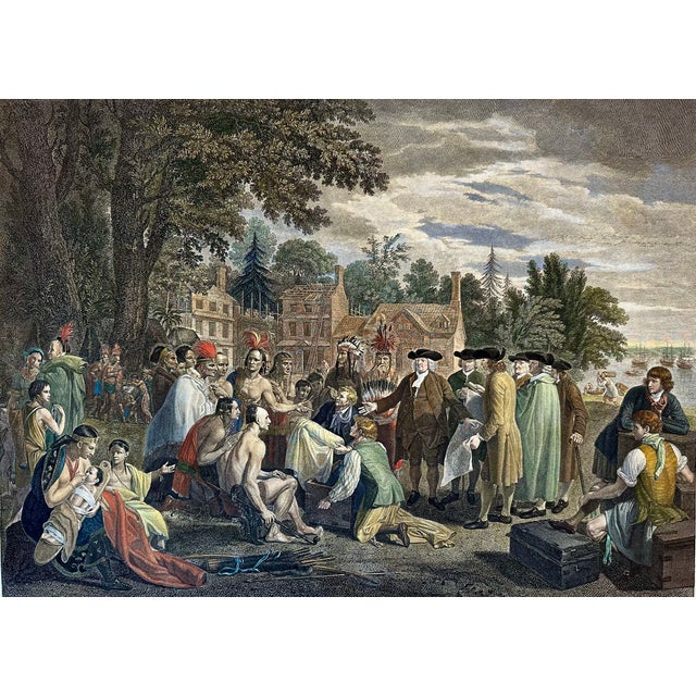 Late 18th Century Late 18th Century William Penn's Treaty With the Indians — Original Hand-Colored Engraving by Hall, Circa 1683 For Sale - Image 5 of 7