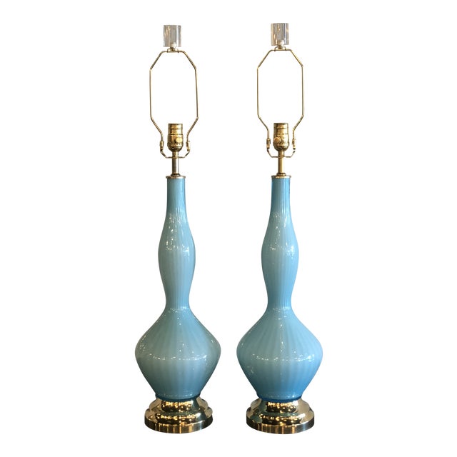 Vintage Murano Aqua Blue Glass Opaline Brass Lucite Table Lamps A Pair Chairish
