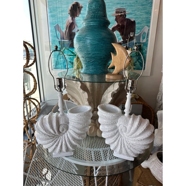 1970s Vintage Pair Palm Beach Nautilus Shell Seashell Plaster Table Lamps Newly Wired For Sale - Image 5 of 12