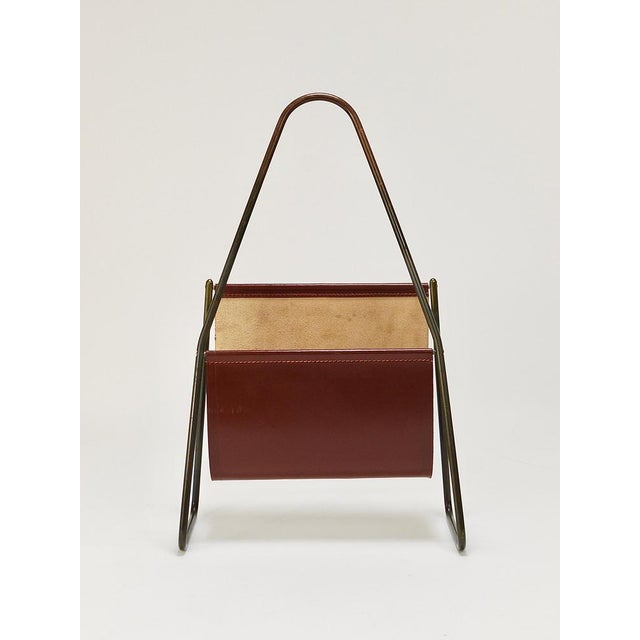 Mid-Century Magazine Rack in Brass & Brown Leather attributed to Carl Auböck, Austria, 1950s For Sale - Image 11 of 18