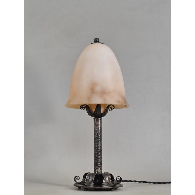 Brandt 1920s Edgar Brandt French Art Deco Lamp - Wrought Iron & Alabaster For Sale - Image 4 of 18