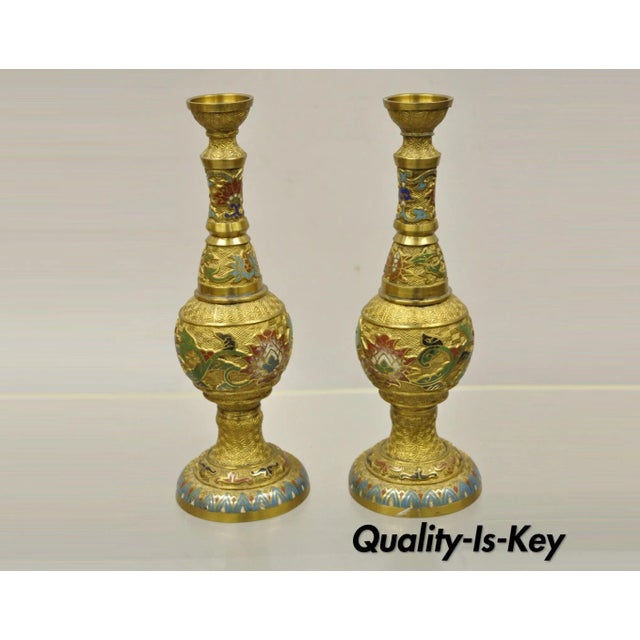 Vintage Japanese Cloisonne Enamel 13" Bronze Candlesticks Lamp Base - a Pair For Sale - Image 12 of 12