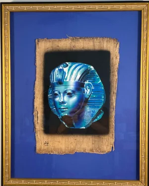 Framed Egyptian Papyrus Painting – Blue Pharaoh Mask