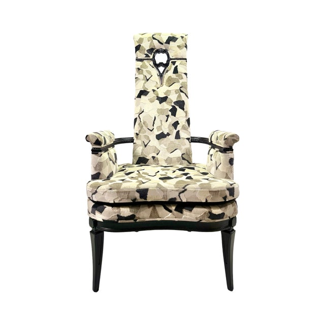 Glamorous pair of highly stylized H=high-back chairs from the Hollywood Regency era with a twist of Neoclassicism and Art...