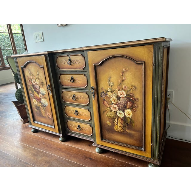1990s Floral French Provincial Buffet Handmade Cabinet With 2-Door Sideboard and Drawers Solid Wood For Sale - Image 4 of 12