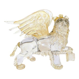 Large Murano Glass the Winged Lion of St. Marco Sculpture Signed Mario Badioli Venetian Italian Gold Flecks 1987 For Sale