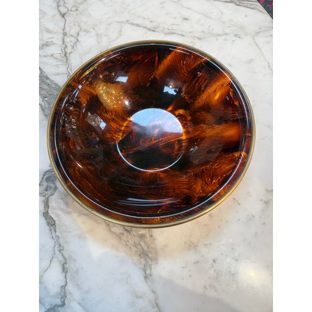 Vintage Amber Swirl Glass Bowl With Brass Rim For Sale In Los Angeles - Image 6 of 8