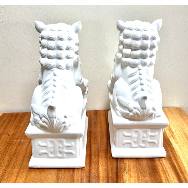 Chinoiserie 17” Tall Matt White Finish Ceramic Food Dog Pair For Sale - Image 4 of 10