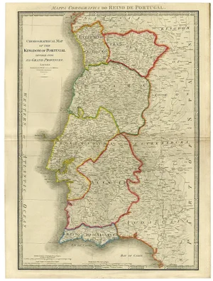 Large Handcolored Engraved Map of the Kingdom of Portugal, 1854