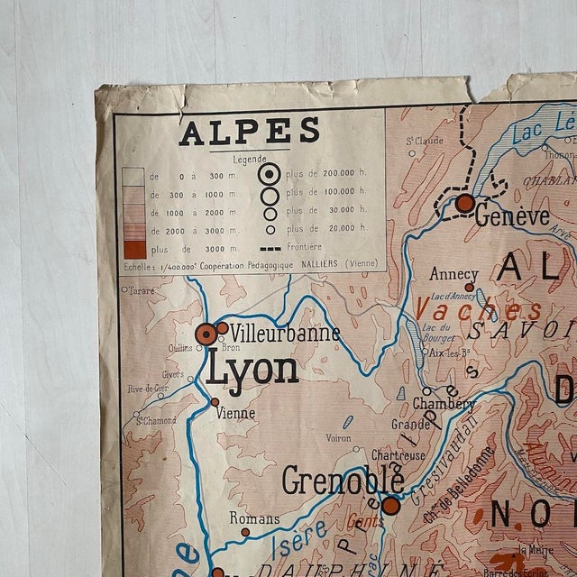 Vintage Double-Sided School Map of The Alps / the Pyrenees, 1950s, in Worn conditions. Designed 1950 to 1959