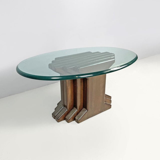 1970s Italian Modern Wooden Coffee Table with Geometrical Base and Glass Top, 1970s For Sale - Image 5 of 18