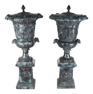 Antique Neoclassical Pompeian-Style Patinated Bronze Urns - a Pair