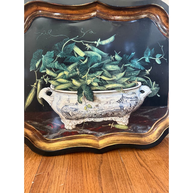 Large, metal tray featuring "Peas in bowl" made in England exclusively for Keller Charles featuring image of artwork by...