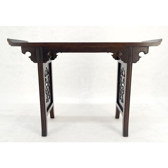 Baker Solid Walnut Pierced Carved Legs Rolled Edge Asian Console Sofa Table MINT For Sale - Image 10 of 15