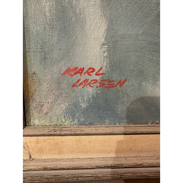 This is a vintage original oil painting signed by Karl Larsen, depicting a seated nude female figure draped with a red...