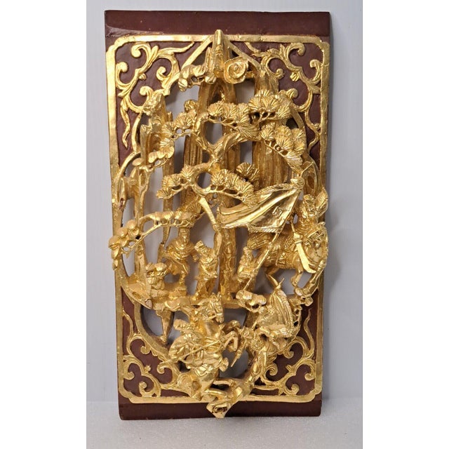 Chinese Vintage Chinese Gilt Lacquer Wood Wall Panel Deep Carving Warriors Battle Scene For Sale - Image 3 of 11