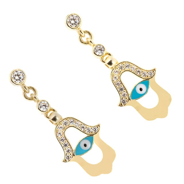 Turquoise Enamel Evil Eye Gold Plated Hamsa Earrings, A Pair For Sale - Image 4 of 7