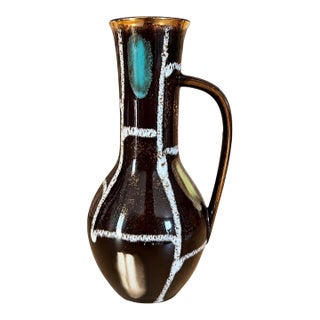 Vintage Mid-Century Modern Fohr Keramik West Germany Geometric Art Pottery Brown, Turquoise & Gold Pitcher Vase For Sale