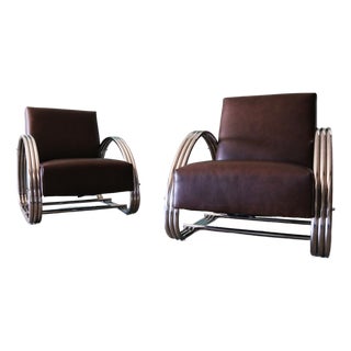 Vintage Pair of Ralph Lauren Hudson St Lounge Chairs in Leather and Stainless Steel For Sale