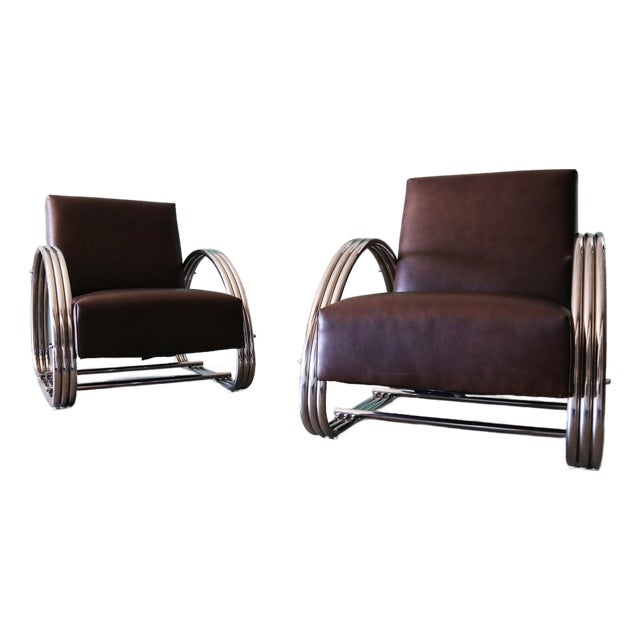 Vintage Pair of Ralph Lauren Hudson St Lounge Chairs in Leather and Stainless Steel For Sale