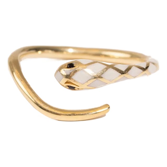 White Enamel Gold Snake Ring, Size 8 For Sale