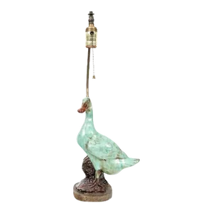 Antique Early 20th Century Qing Chinese Green Glazed Porcelain Duck Figure Table Lamp