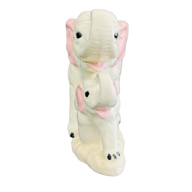 Mid-Century Modern Vintage 1970s Ceramic Elephant Mother & Baby Figurine | Lucky Trunks Up Decor | White & Pink Porcelain Collectible | Mid Century Animal Statue For Sale - Image 3 of 11