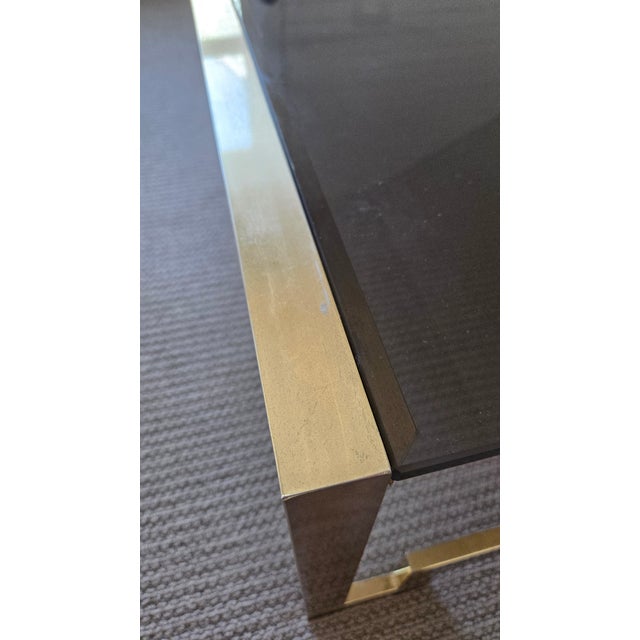 Metal Vintage 1970s Design Institute of America Brass & Smoked Glass Coffee Table – Greek Key Design For Sale - Image 7 of 12
