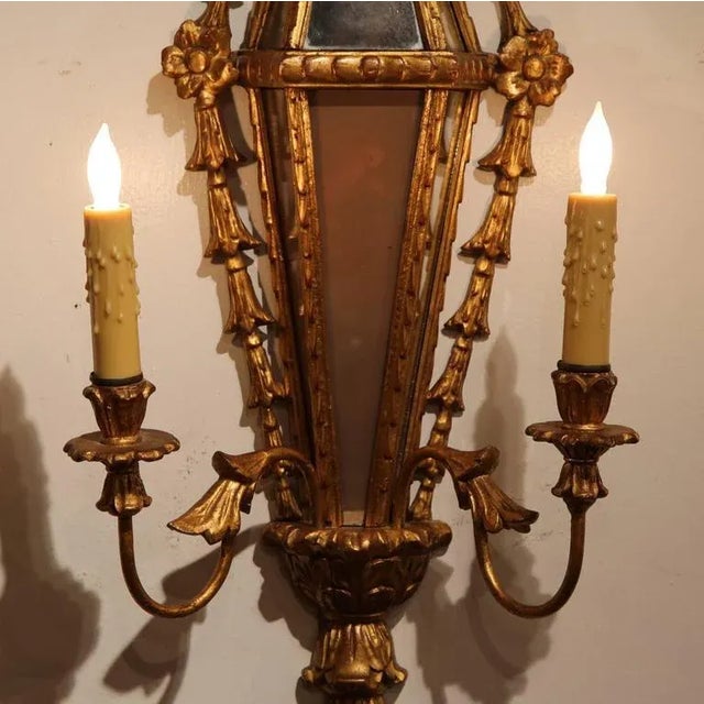 Pair of 19th Century French Louis XVI Giltwood Mirrored Two-Light Sconces For Sale - Image 4 of 7