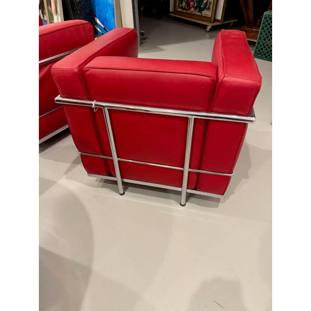 Pair Of. Chrome and Red Leather Club Chair in the Style of Le Corbusier For Sale - Image 11 of 13
