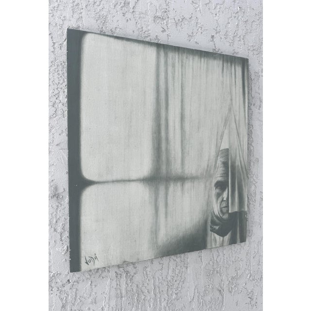 Vintage "Man Behind the Curtain" Painting Signed Vida, 2nd Painting on Verso For Sale - Image 4 of 10