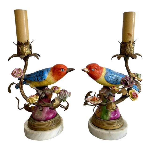 Pair of Antique French Porcelain Bird Figural Lamps For Sale
