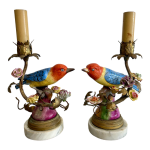 Pair of Antique French Porcelain Bird Figural Lamps
