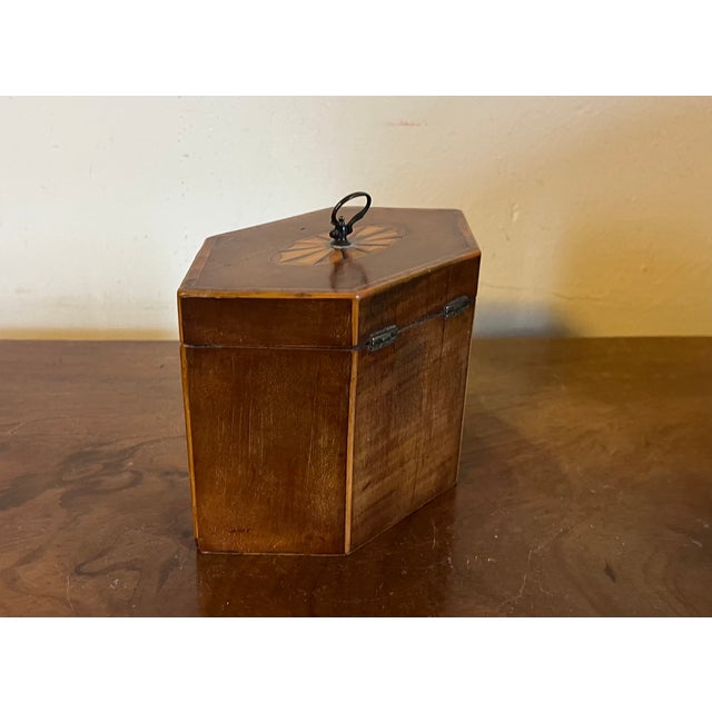 Wood Antique Early 19th Century English George III Hexagonal Mahogany Tea Caddy of Elegant Proportion With Paterae Fan Inlay For Sale - Image 7 of 18