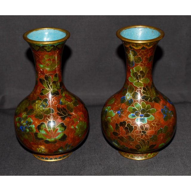 Metal Vtg. Pair of Chinese Cloisonné Small Vases For Sale - Image 7 of 14