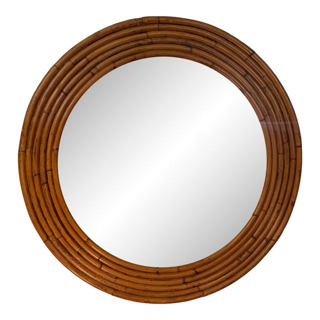 Italian Mid 20th Century Burnt Bamboo Rattan Round Layered Mirror For Sale