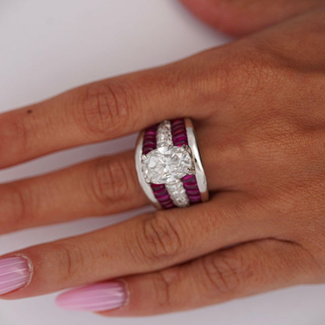 Ruby Red Gia 4.43 Carat Oval G/I1 Diamond & Cabochon Ruby Platinum Vintage Ring, Size 8 For Sale - Image 8 of 10