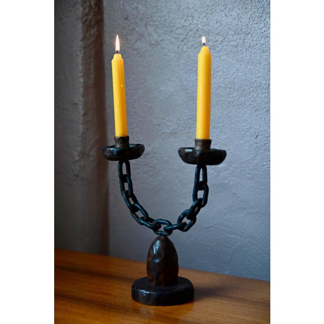 Brutalist Double Candelabra in Carved Wood and Wrought Iron, 1960s For Sale - Image 4 of 10