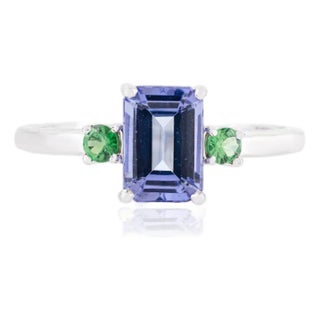 1.13 Carat Emerald Cut Tanzanite & Tsavorite Ring Size 8 in 14k White Gold For Sale