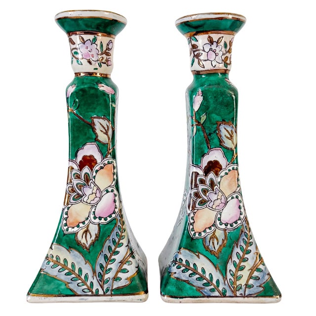 Ceramic Vintage Chinese Famille Verte Floral Porcelain Candlesticks - A Pair For Sale - Image 7 of 10